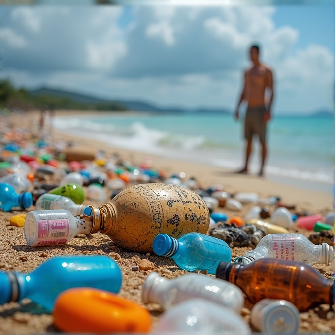 A beach covered in plastic bottles and debris, with a person standing in the background.