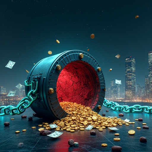 Crumbling bank vault with red cracks spills gold coins and dollar bills. Surrounded by glowing blue and green digital chains breaking apart. Vault is in dark starry sky with faint city skyline in background. Scene blends realism and digital art.