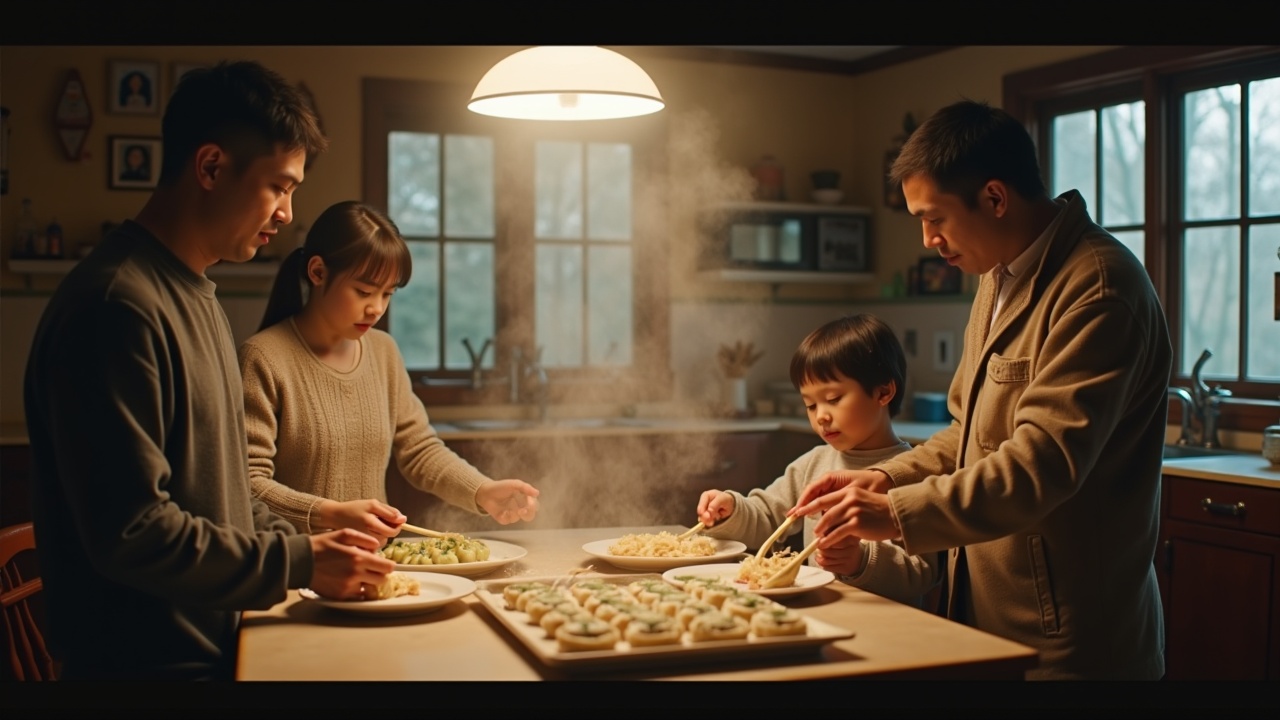 The image portrays a warm and inviting scene in a kitchen during the beginning of winter. A family is gathered around a table, engaged in making dumplings, with steam emanating from freshly prepared food. The atmosphere is filled with love and togetherness, evident in the way family members interact. The warm lighting accentuates the details and creates a cozy ambiance. The kitchen is richly detailed, showcasing a familial bond and cultural traditions in food preparation.