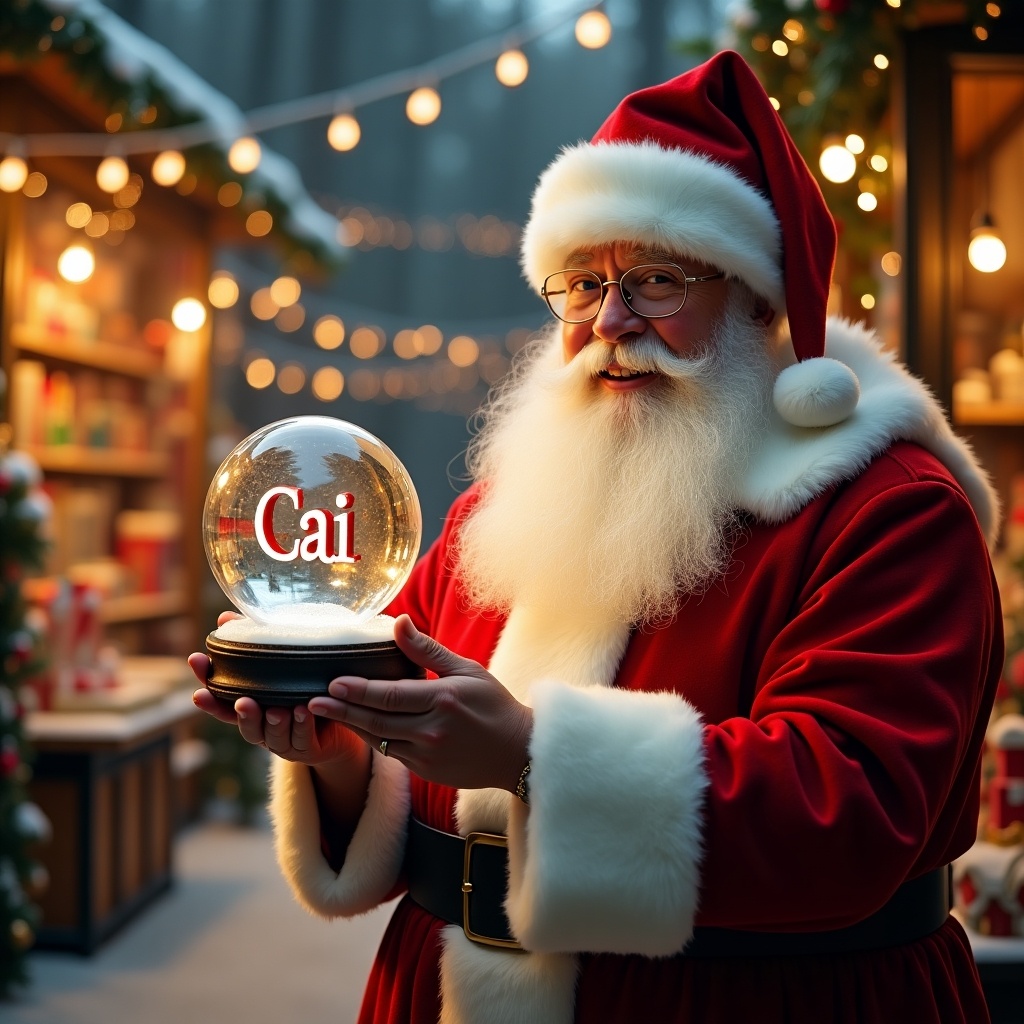 Christmas scene with Santa Claus in a red and white suit. Santa holding a snow globe. Snow globe inside has the name 'Cai'. Background features a toy shop decorated with lights.