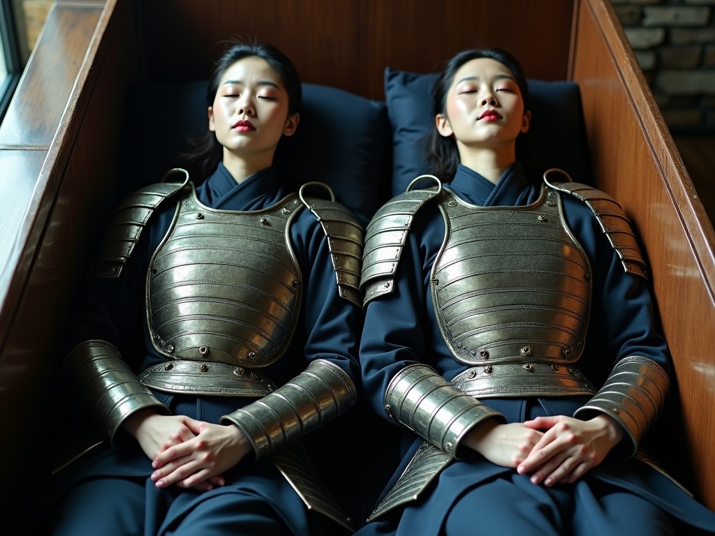 Two individuals dressed in metallic armor lie side by side in a wooden enclosure, reminiscent of a sarcophagus. Their expressions are serene, with eyes closed, as they rest with hands gently clasped on their stomachs. Soft natural light filters in, creating a peaceful and reflective atmosphere, emphasizing the blend of ancient armor with a tranquil setting.