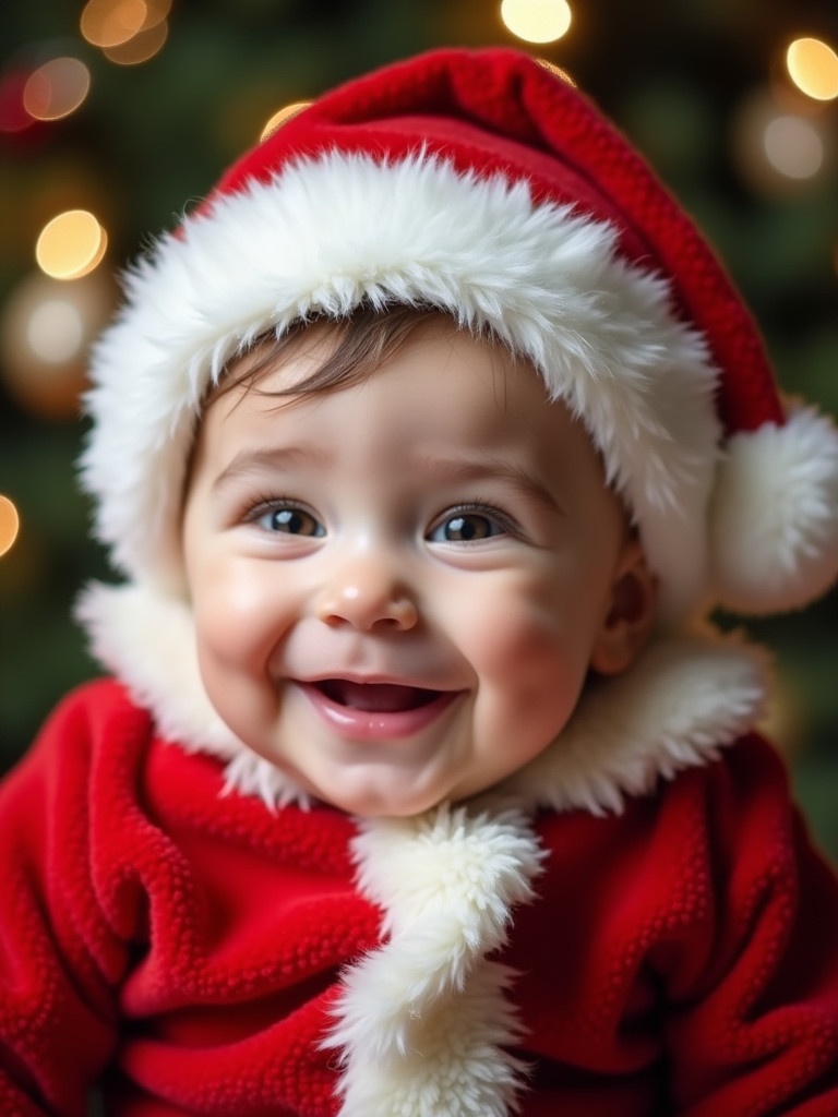 Cheerful baby boy dressed in red Santa costume with fluffy white trim. Background features softly glowing Christmas lights. The baby has a joyful smile.