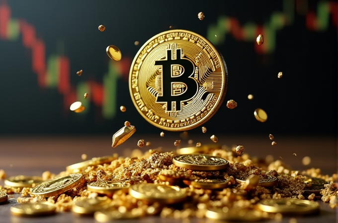 A Bitcoin coin hovers above a pile of gold fragments, with a fluctuating stock chart in the blurred background.