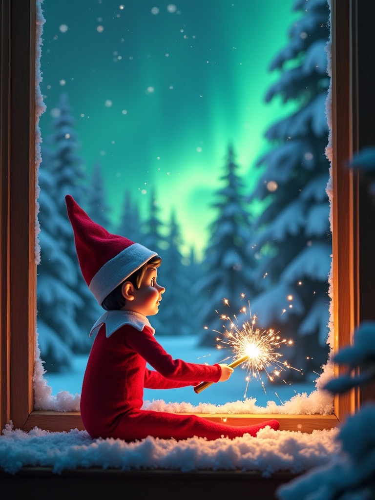 Elf sitting on a window ledge. Elf using a wand to create sparks. Looking at the northern lights. Cozy winter wonderland. Snow-covered pine trees. Vibrant red outfit with white trim.