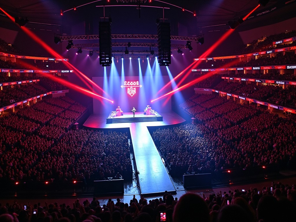 The image captures a drone's-eye view of a Roddy Ricch concert at Madison Square Garden. A large T-stage runway extends from the main stage into the audience. The entire arena is packed with fans immersed in the performance. Bright red lights illuminate the stage, creating an electrifying atmosphere. The scene conveys excitement and energy, characteristic of a high-profile music event.