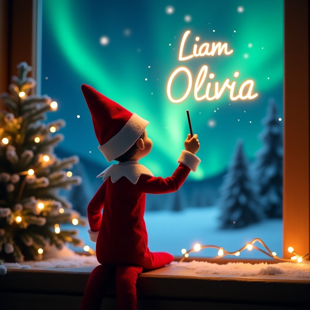 An enchanting Christmas scene features an elf on the shelf, facing the vibrant northern lights as he writes 'Liam' and 'Olivia' with a magic wand. Dressed in red and white, the elf creates a glowing script that illuminates the window. The backdrop showcases twinkling lights and a festive tree, enhancing the whimsical ambiance. The scene captures the essence of Christmas with excitement and magic. This delightful moment invites viewers into a world of holiday wonder.