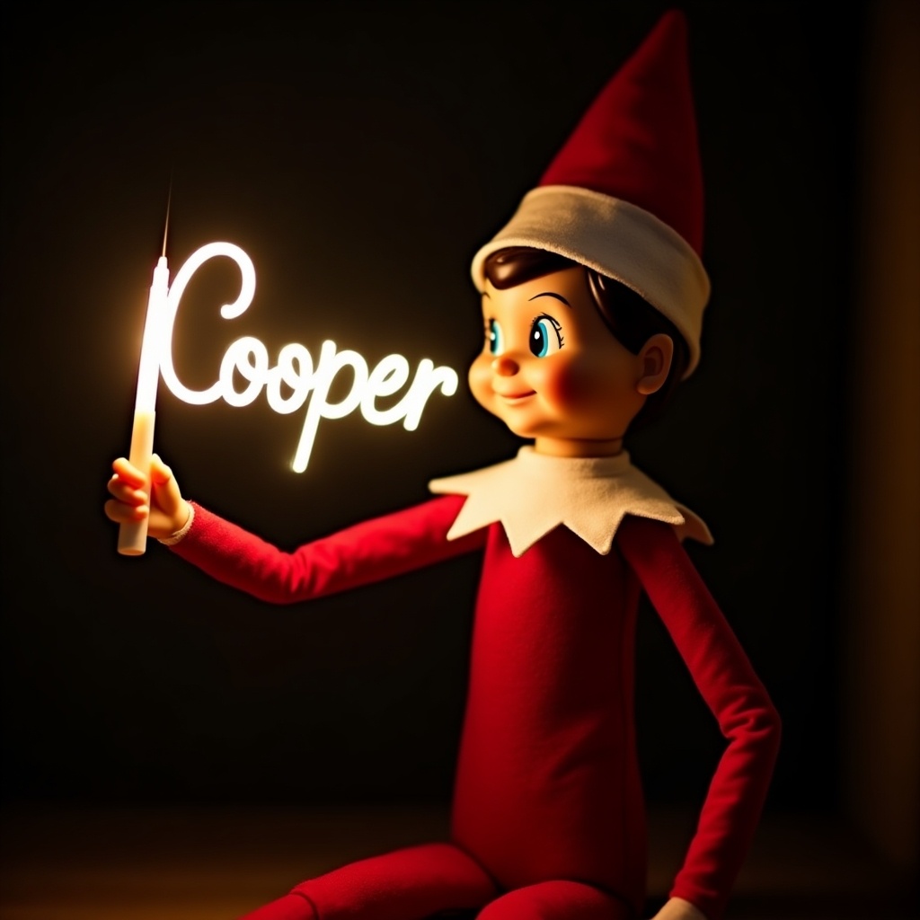 This image features an elf on the shelf character, dressed in traditional red and white attire. The elf is holding a glow stick that forms the name 'Cooper' in bright, soft light. The background is dark, which enhances the glowing effect of the text. It creates a warm, festive atmosphere, embodying the joy of the holiday season. The scene evokes feelings of magic and cheer associated with Christmas celebrations.