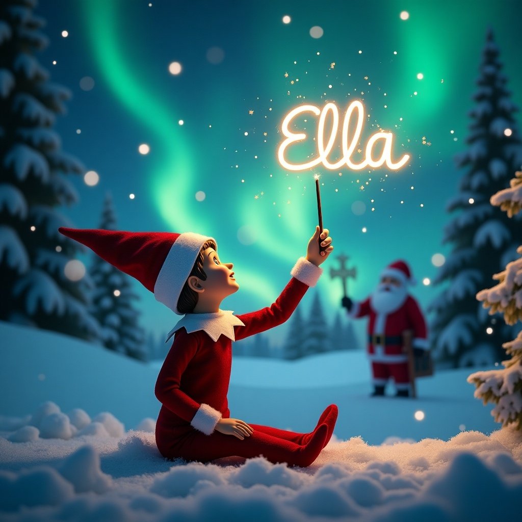 An enchanting Christmas scene with an elf on the shelf. The elf sits backwards, gazing up. It uses a wand to write the name 'Ella' in the night sky. The background has northern lights and Santa Claus in the distance. Snow covers the ground, creating a serene winter wonderland. This moment captures the essence of holiday joy and wonder.