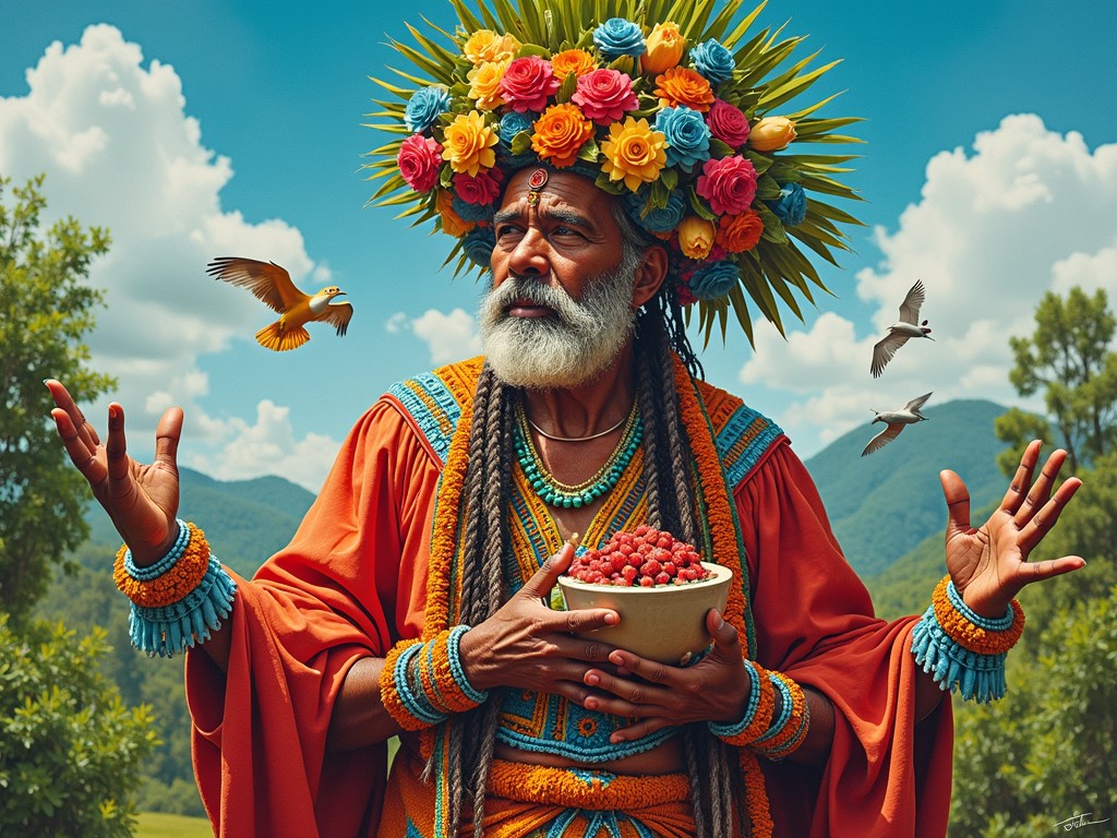 This vibrant image portrays an elderly man with a long white beard adorned in colorful traditional attire, standing amidst a lush green landscape under a bright blue sky. He is crowned with a hat made of large leaves and blooming flowers, exuding a strong connection to nature. Birds gracefully fly around him as he holds a bowl of ripe berries, adding to the image's serene yet dynamic atmosphere.