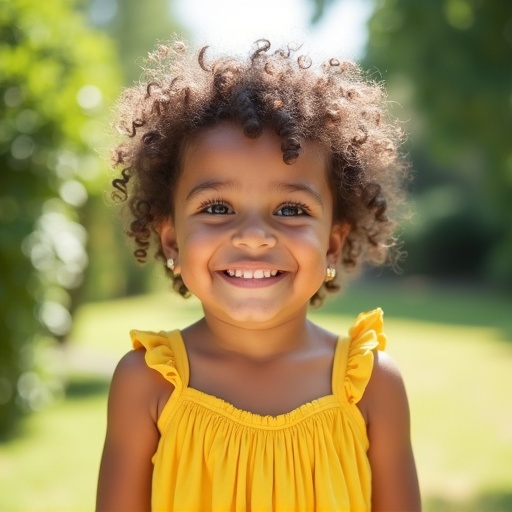 A cute little boy stands outdoors wearing a yellow sundress. He is five years old with curly hair and a bright smile. The background features greenery and natural light, enhancing the joyful mood.