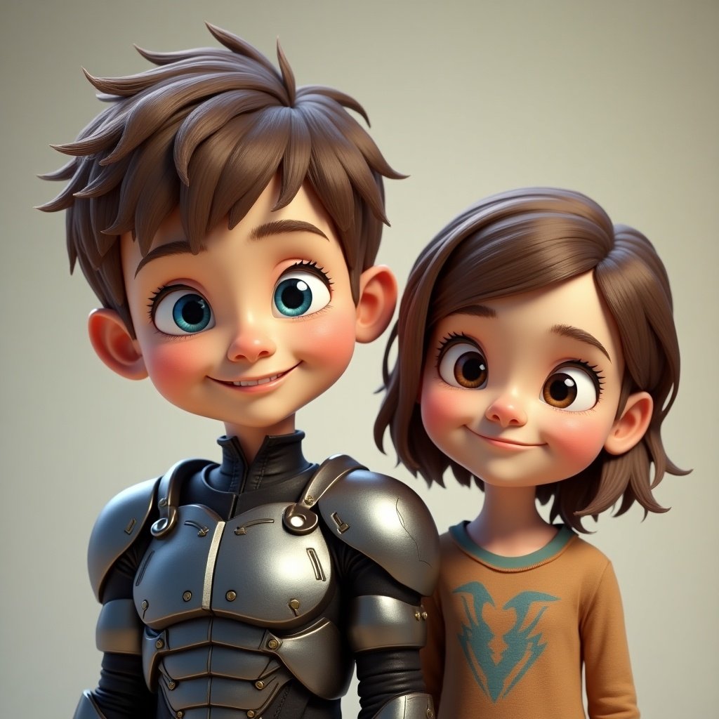 3D digital art of a toddler boy with light brown short hair and blue eyes smiling. He wears a heavy metal shirt. Next to him is a toddler girl, shorter than the boy, with light brown hair and blue eyes, also smiling. Both characters have a playful appearance.