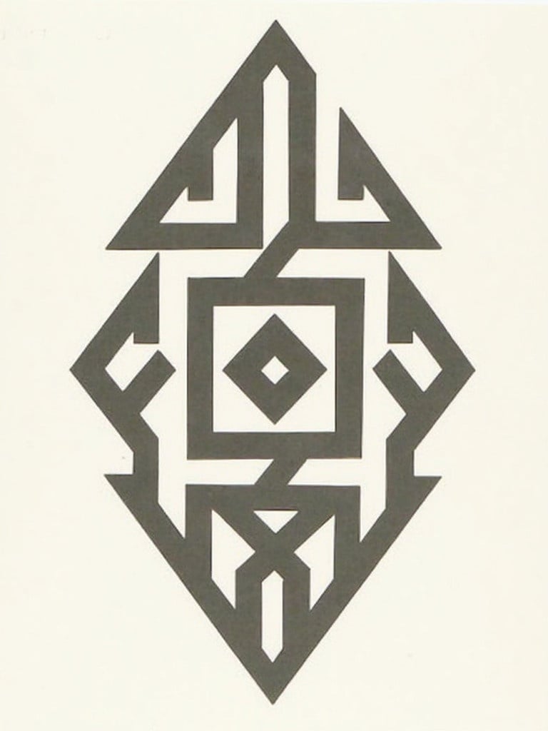 Geometric Kufic design for the word At-Tadabbur. Features symmetry. Contains sharp angles. Simple black and white color scheme.