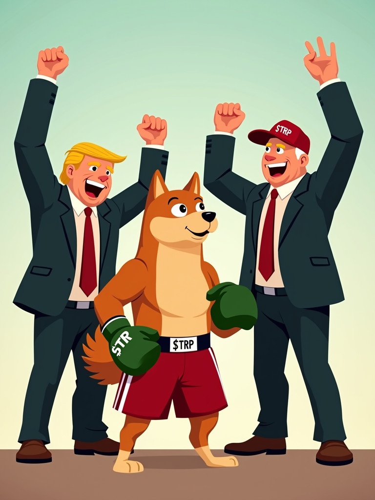 Cartoon character of a muscular Shiba dog in red shorts with $TRP. Dog wearing green boxing gloves. Two businessmen in suits behind the dog celebrating. One businessman resembles a president wearing red cap labeled $TRP.