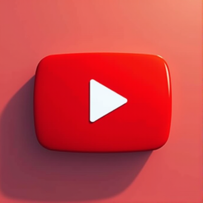 A red, three-dimensional play button icon set against a warm, pinkish background with soft shadows.