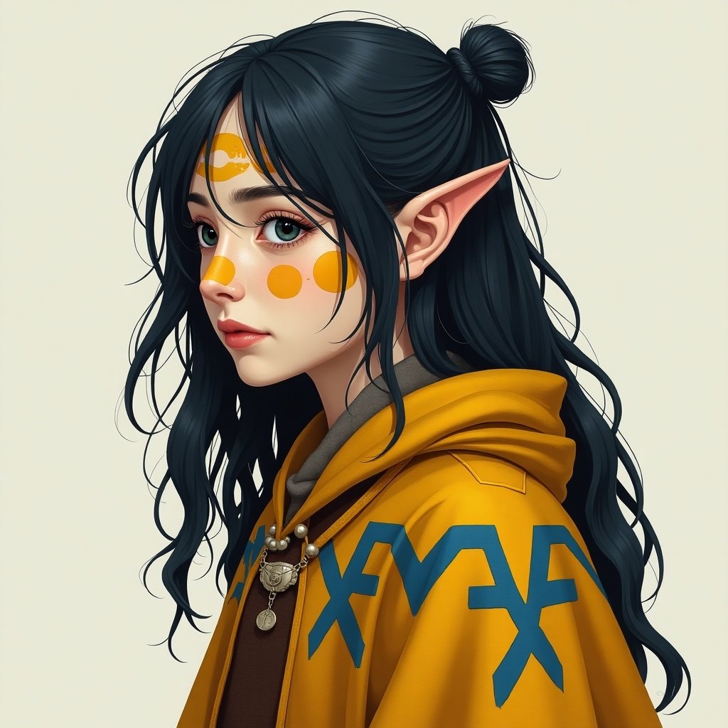 Character is a young inuit-elf woman with medium length black hair. She wears a medieval-fantasy inspired outfit with a warm woolen coat and a yellow poncho. The poncho features blue runic patterns. Her face has circular yellow face paint.