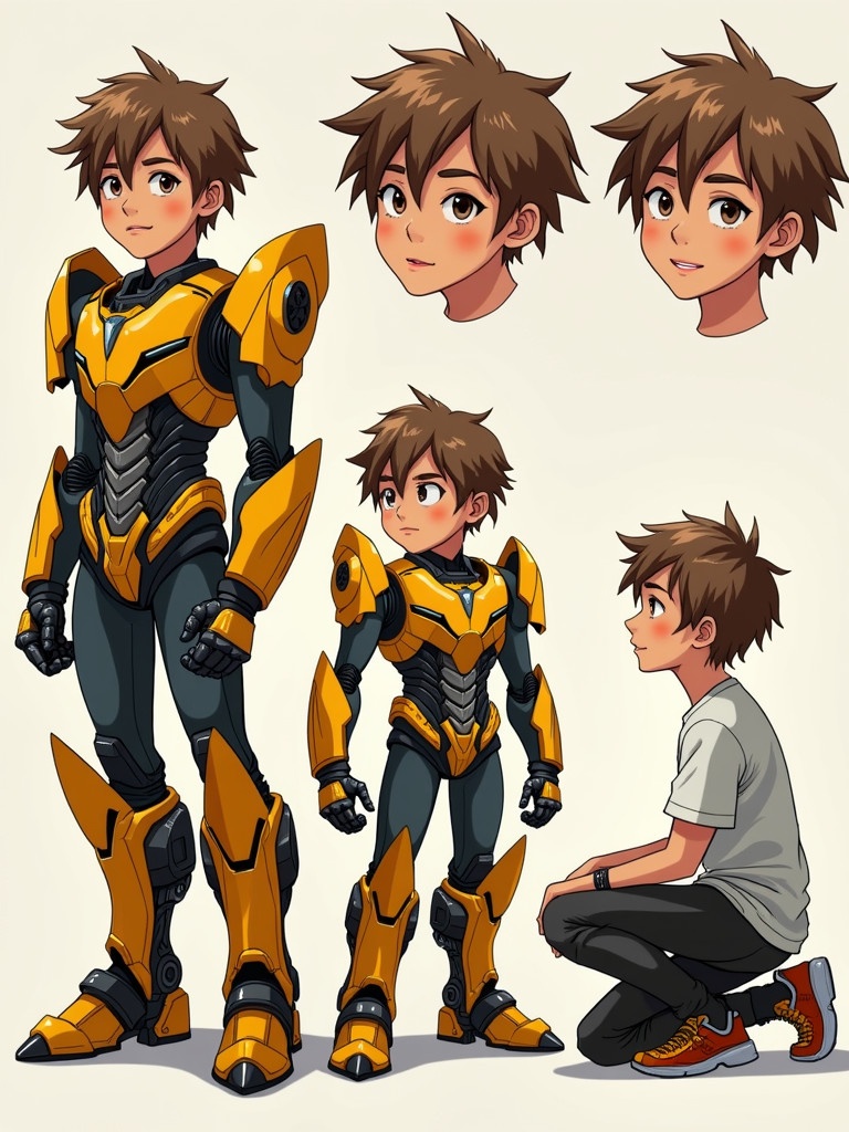 The image shows parts depicting a teenage boy in transformation theme. The boy wears bulky armor. He stands tall to showcase details of the armor. He kneels on all fours, halfway transformed with elements of armor and car visible. The boy is fully transformed into a sports car with a 'Car for Rent' plate.