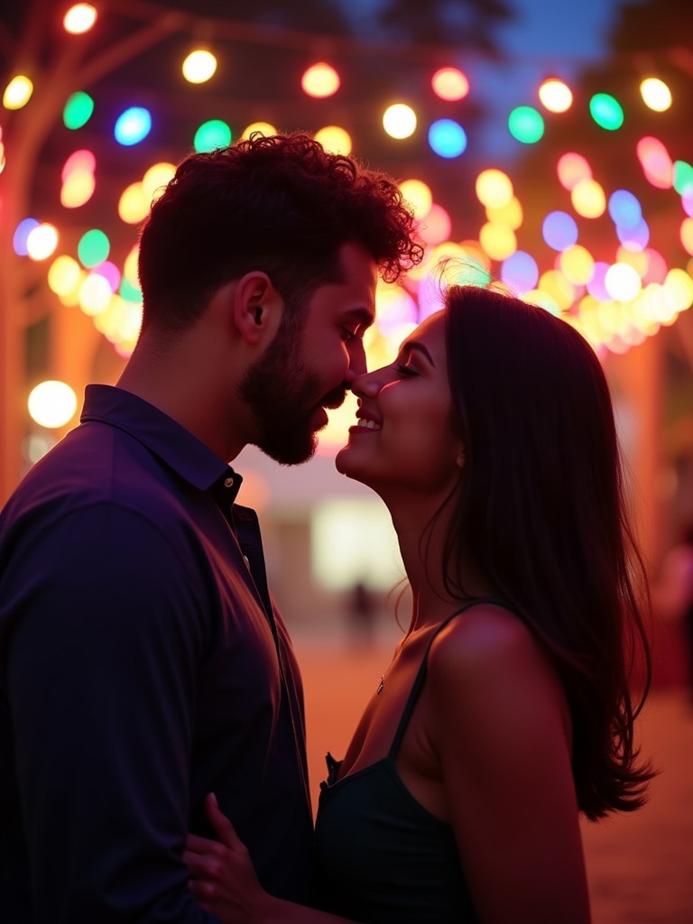 Two people are about to kiss. The scene is surrounded by colorful string lights. A vibrant backdrop creates a lively atmosphere.