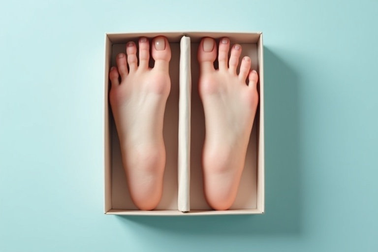 Realistic female feet are inside a box. The feet appear well-groomed. Background is a soft pastel blue.