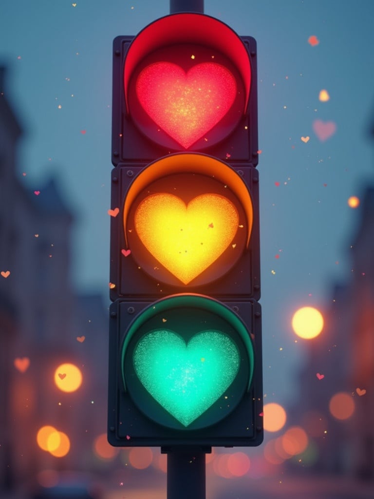 Heart-shaped lights in traffic light design. Top light is red. Middle light is yellow. Bottom light is green. Includes sparkles and hearts. Uses a dreamy pastel color palette. Has hyper-realistic photographic quality. Features epic cinematic lighting.