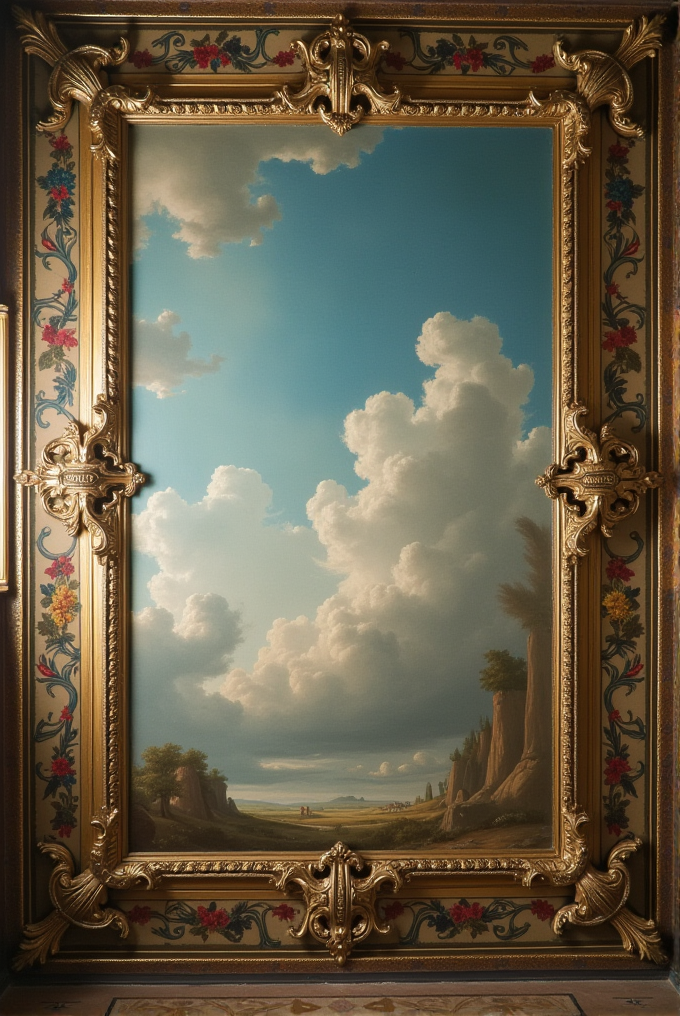 A landscape painting featuring dramatic cloud formations set within an elaborate gold frame adorned with floral and decorative motifs.