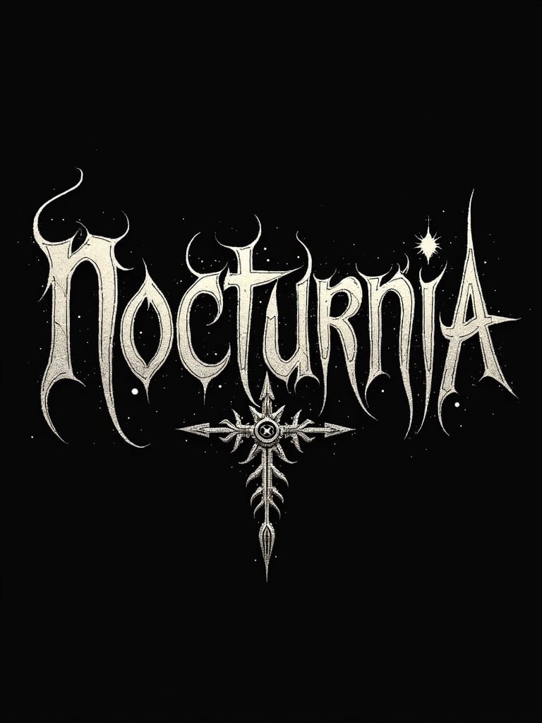 Gothic logo design features the word Nocturnia. Intricate, sharp lettering creates a dark aesthetic. A gothic cross is included in the design. The logo has a high contrast appearance with a metallic look against a black background.