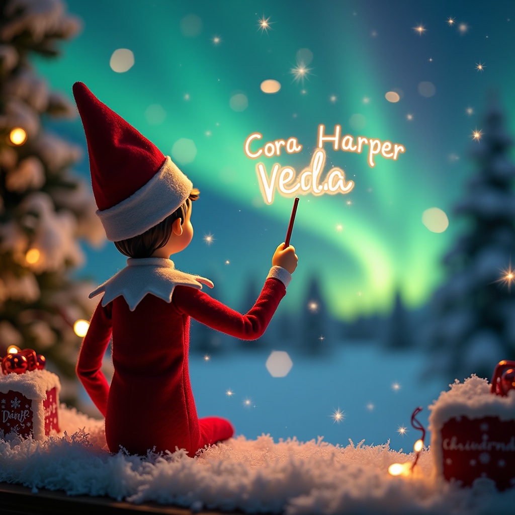 This image captures an enchanting Christmas scene with an elf on the shelf. The elf, dressed in a festive red and white outfit, faces a mesmerizing sky filled with vibrant northern lights. With a gleaming magic wand, the elf writes 'Cora', 'Harper', and 'Veda' in sparkling script. The scene is filled with twinkling lights and a warm, festive spirit. Holiday gifts are scattered around, enhancing the magical atmosphere. The overall image evokes feelings of wonder and joy that are synonymous with the Christmas season.