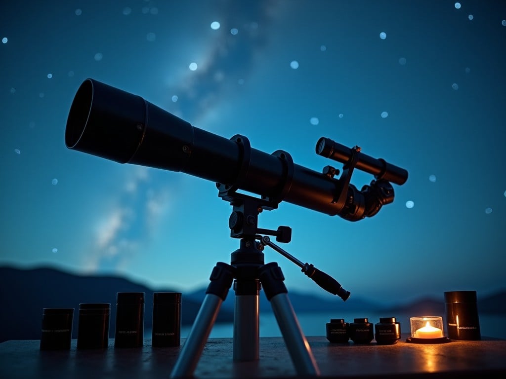 A sleek black telescope stands prominently on a tripod against a mesmerizing backdrop of the starry night sky. Various eyepieces are arranged beside the telescope, suggesting a keen interest in astronomy and stargazing. A soft glow from a candle adds warmth to the scene. The image exudes a tranquil yet adventurous atmosphere. This setup invites viewers to explore the mysteries of the universe and enjoy the beauty of the night sky.