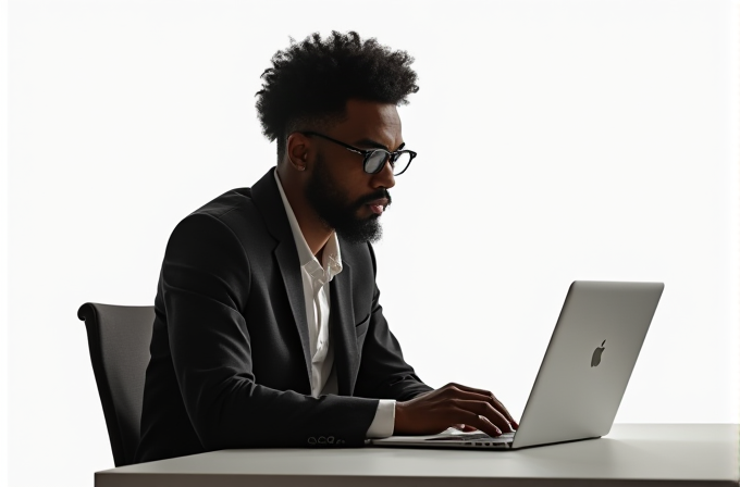 A man in a suit is intently working on a laptop at a desk.