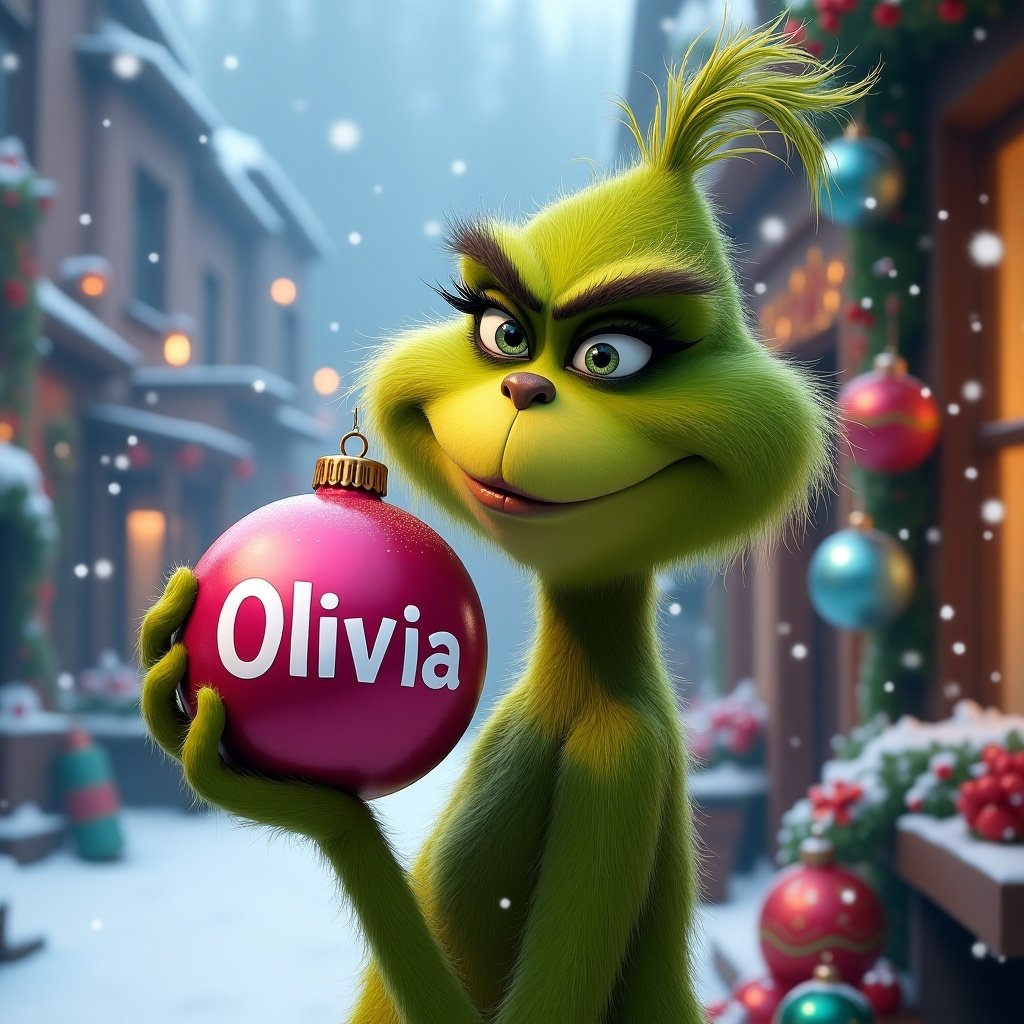 The Grinch holds a pink Christmas ornament with the name Olivia. The background shows a snowy street with holiday decorations.