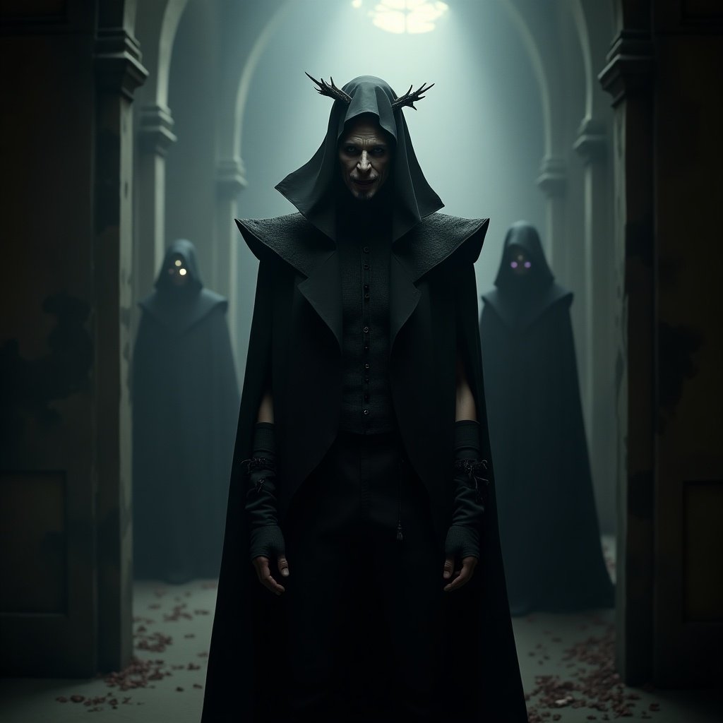 A dark fantasy scene featuring a sinister figure in a cloak with horns. Three shadowy figures in the background. The atmosphere is eerie with dramatic lighting. Setting is an ancient, forgotten space.