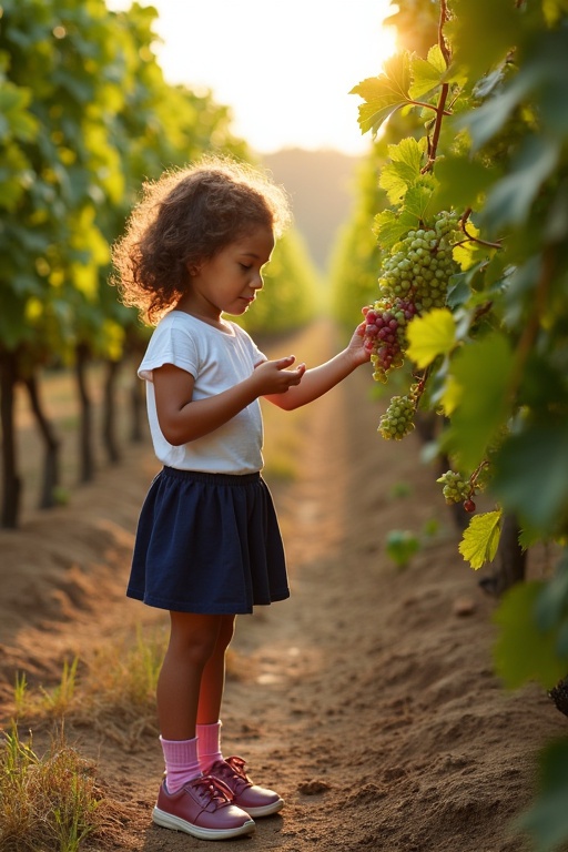 A girl stands beside a vine examining grapes. She is wearing a white top and dark blue skirt with pink socks and shoes. Curly hair frames her face. The sun is setting, creating a warm atmosphere in the vineyard.