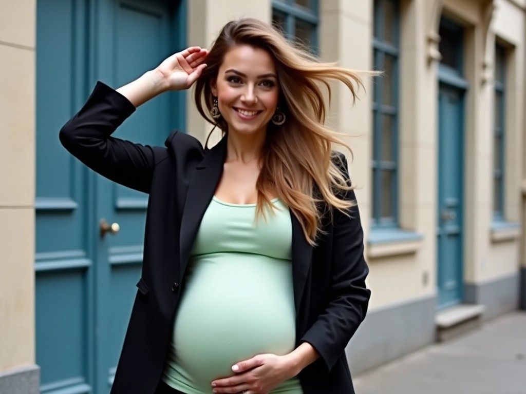 In a stylish urban setting, a woman stands confidently in a black outfit with a light green top underneath. She has long hair that flows dramatically in the wind. Gently, she pulls her hair back with one hand, showcasing a playful expression on her face. With her other hand, she rests it on her belly, indicating she might be expecting. The building behind her has a classic design with a blue door and windows that add an elegant touch to the scene.