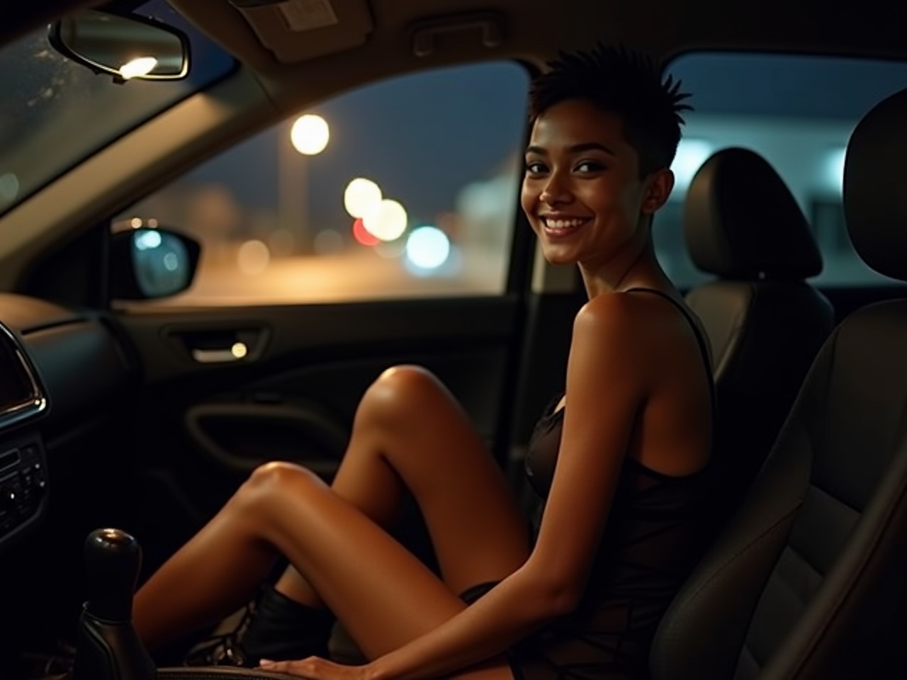 A young woman with short hair smiling while seated in a car at night with blurred street lights visible from the window, creating a warm ambiance.