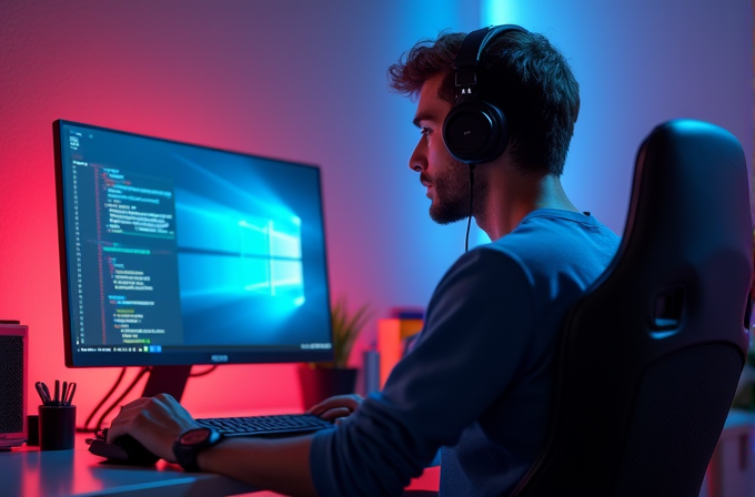 A person wearing headphones is deeply focused on programming at a desk, illuminated by vibrant blue and red lighting.