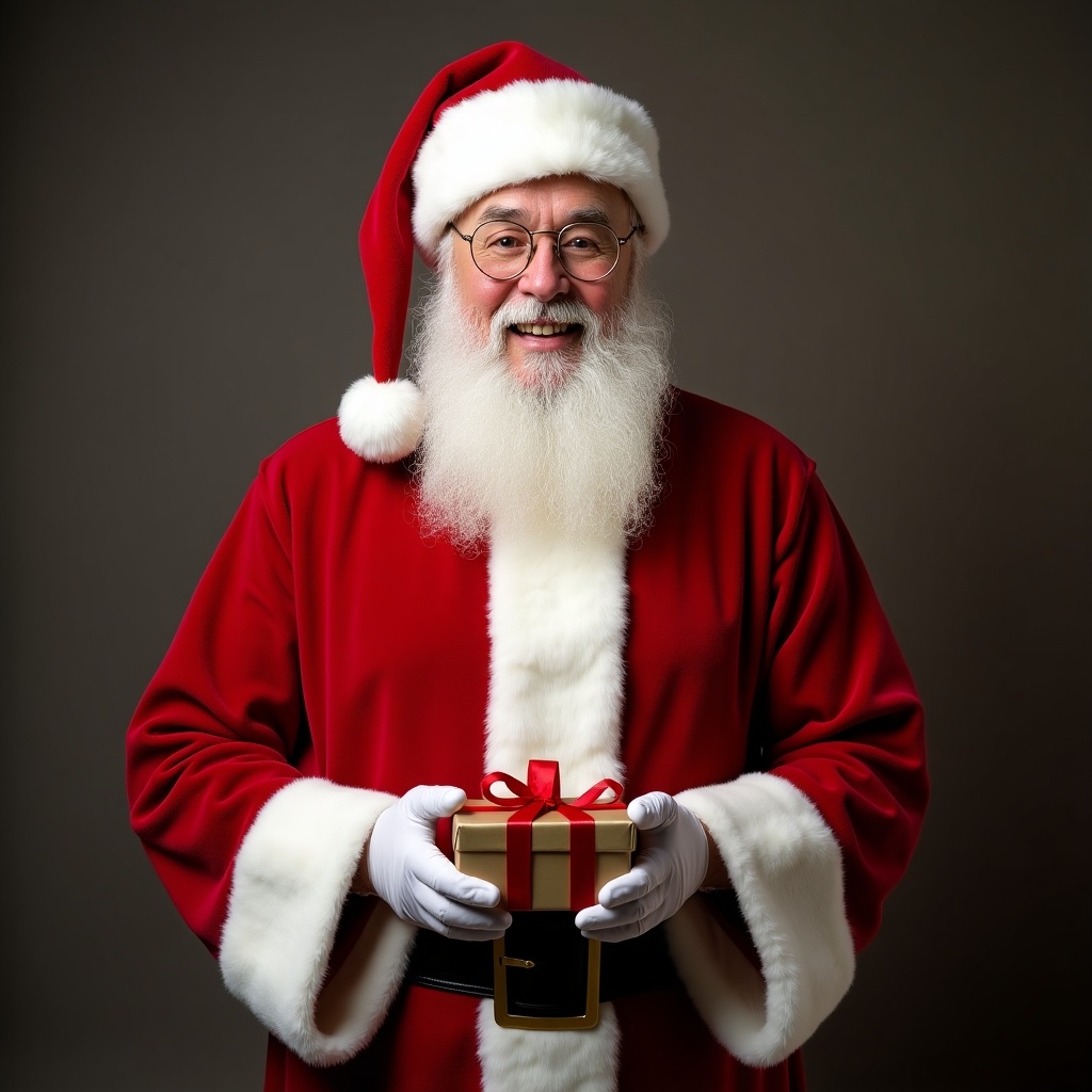 A kind man dressed as Santa Claus with a big beard holding a decorated gift. He has a warm smile and is wearing traditional red and white clothing. The background is neutral to highlight his outfit.