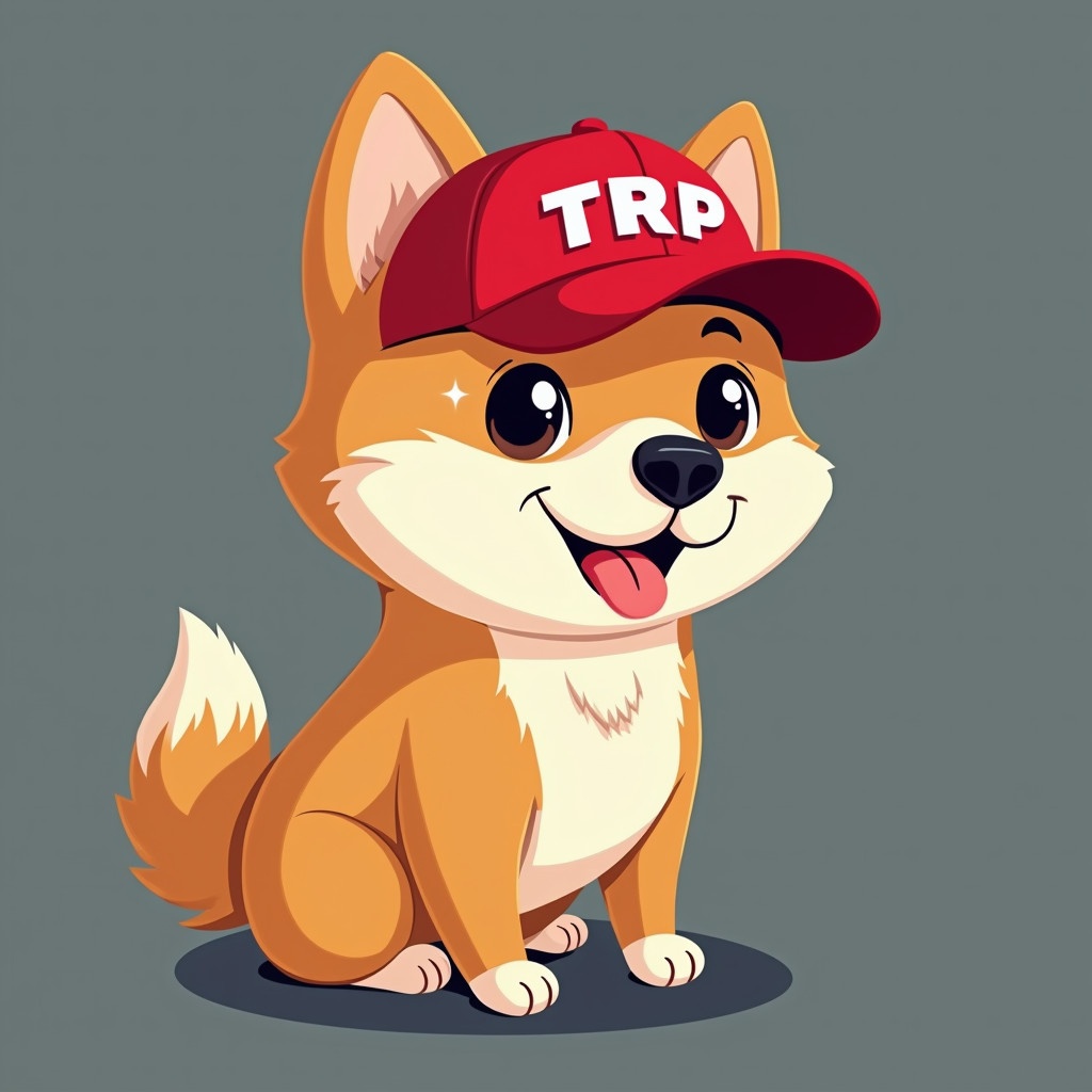 Generate a shiba dog cartoon wearing a red cap called $TRP. The dog looks cheerful and friendly, sitting with a playful expression. The design is colorful and eye-catching.