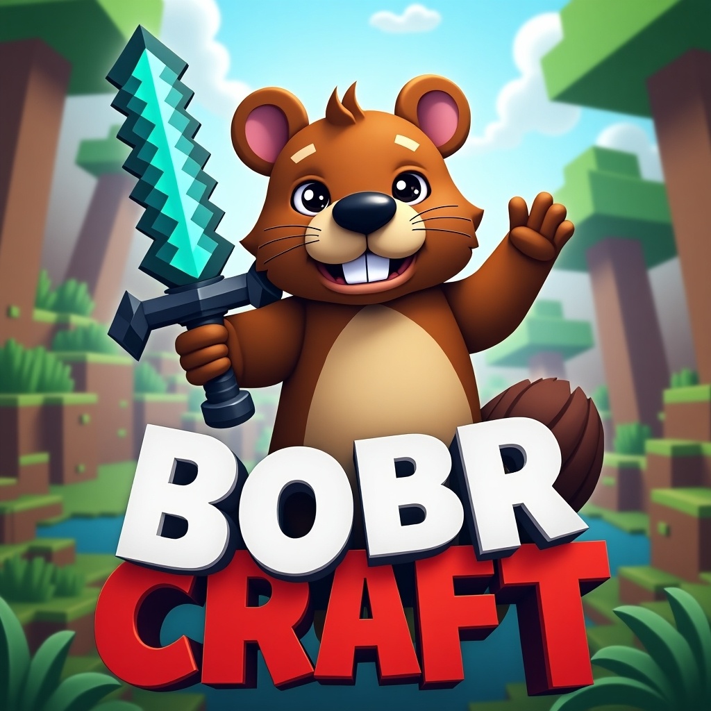 This image features a cheerful beaver character styled like Minecraft Steve. The beaver is holding a shiny diamond sword, looking friendly and inviting. Above the beaver, the word 'BOBR' is prominently displayed in bold white letters. Below the character, the word 'CRAFT' is in striking red. The background is a lush green landscape reminiscent of a blocky game world, creating an engaging and playful atmosphere. Perfectly suited for gaming contexts and children's media.