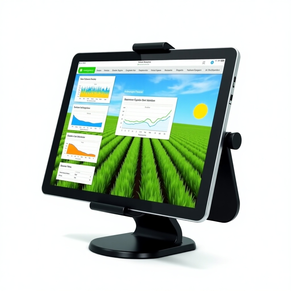 Image shows a tablet displaying agricultural software. The screen features graphs related to crop data. The background includes green plants. The tablet rests on a black stand against a white backdrop. Bright colors like blue and yellow illustrate the sky and sun. This represents modern agriculture and technology in farming.