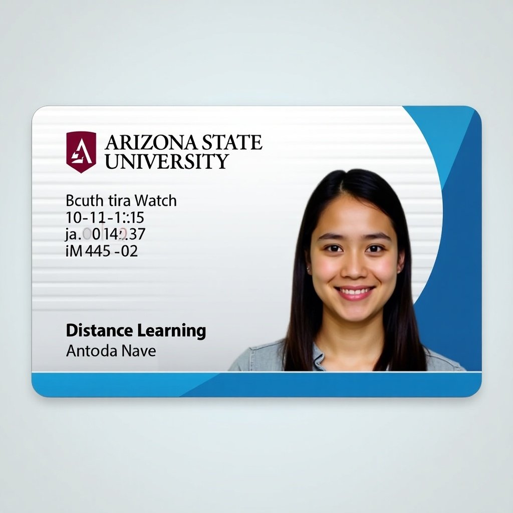 The image shows a student ID card for Arizona State University. The card features the university's logo prominently at the top left. Below the logo are details such as the student ID number, expiration date, and the designation of Distance Learning. The background of the ID card is a mix of blue and white, enhancing the university branding.