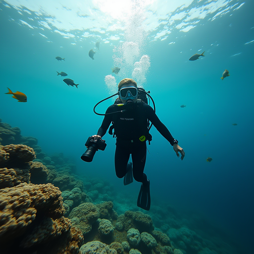 A scuba diver with a camera exploring a vibrant coral reef surrounded by fish.