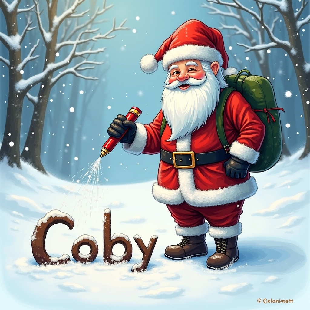 The image depicts a jolly Santa Claus in a festive winter setting. He is cheerfully drawing the name 'Coby' in the freshly fallen snow. Dressed in a bright red suit with white trim, Santa is carrying a green backpack. Soft, gentle snowfall adds to the wintry charm of the scene. The backdrop features a snowy landscape with leafless trees, enhancing the holiday spirit.