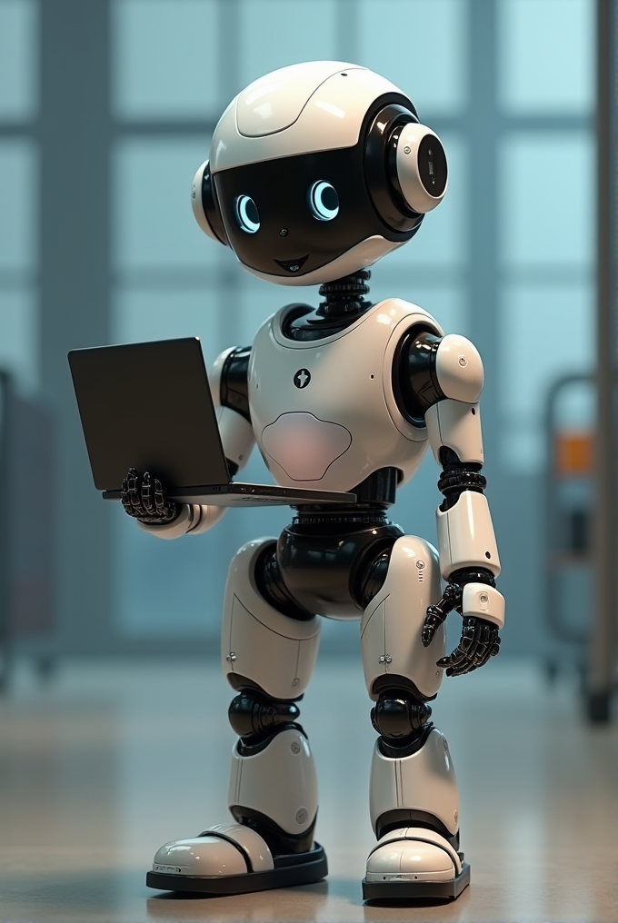 A small, cheerful robot holding a laptop with its glowing eyes in a modern setting.