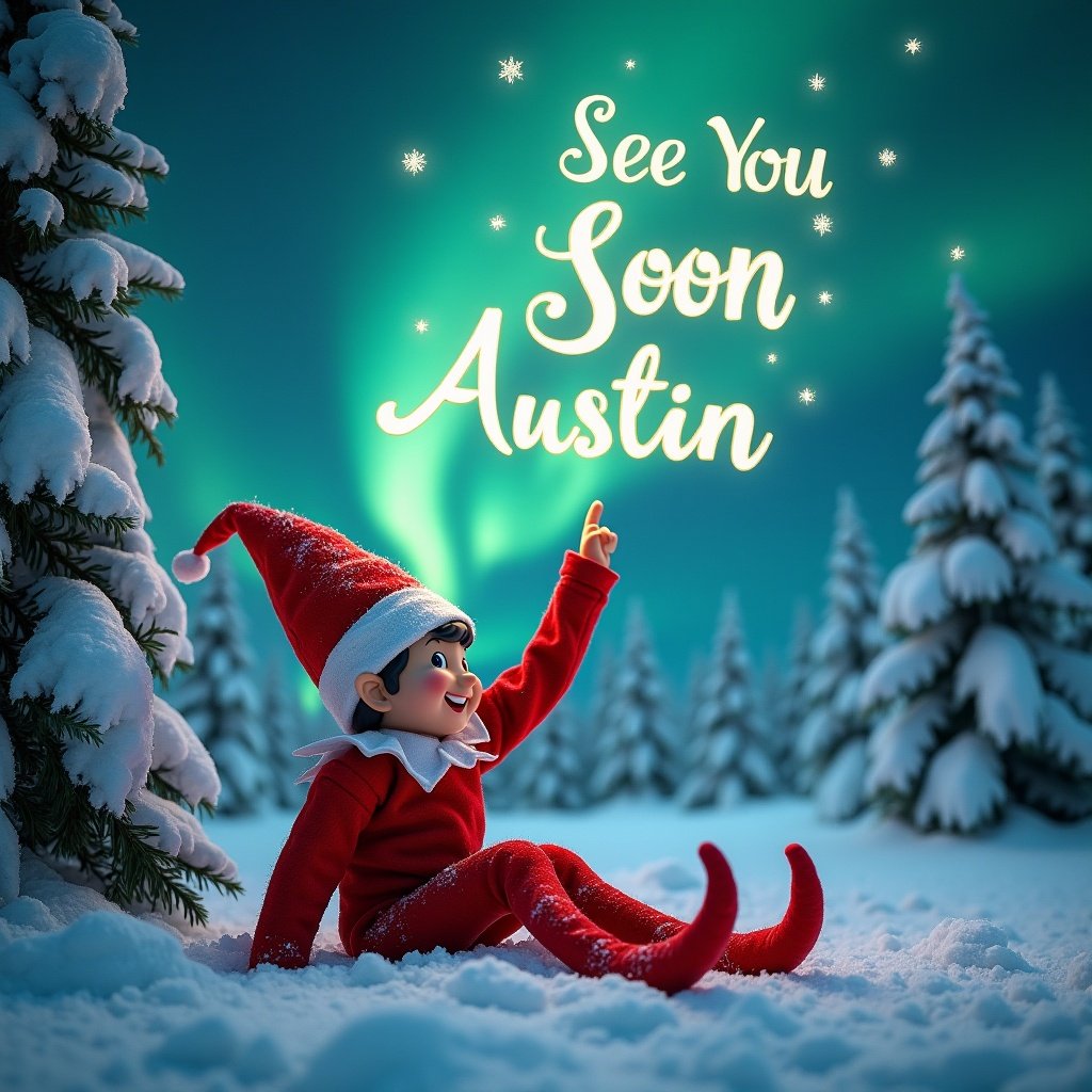 The image features a cheerful elf in a snowy landscape. Northern lights fill the sky. The elf is dressed in red and pointing upward. Text says 'See You Soon Austin'. Surrounding snow-covered trees enhance the winter mood.