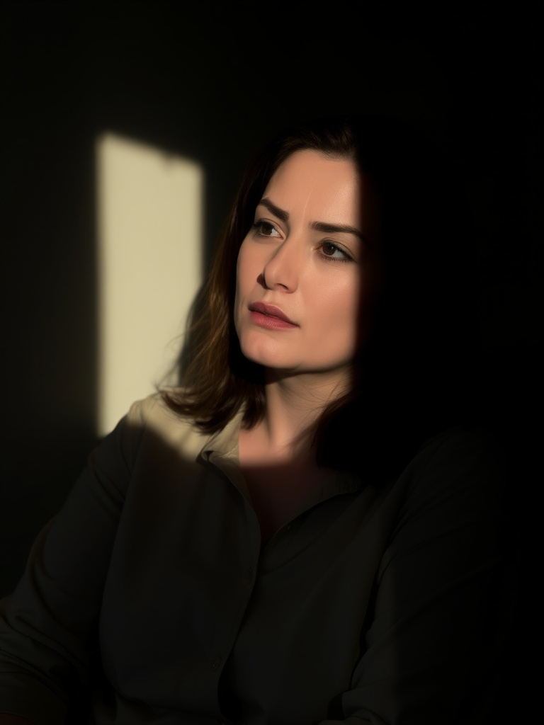 A woman in thoughtful expression partially illuminated by a beam of light in darkness.