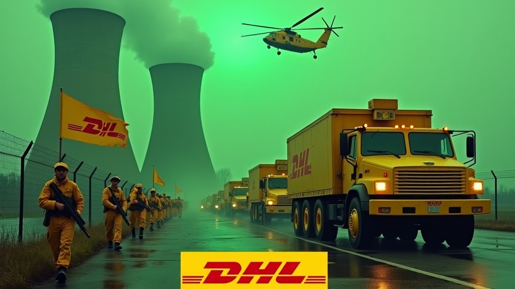 In a dramatic scene, several large yellow armoured cars drive up to a fence. The armoured cars are painted with the DHL logo. Nearby, several soldiers wearing yellow uniforms and holding rifles are seen marching together in unison. One soldier stands valiantly holding a flag with the DHL logo. In the background, prominent smokestacks of a nuclear power plant glow in green light. A Chinook cargo helicopter flies overhead, adding to the intensity of the scene. The DHL logo is displayed prominently at the bottom.