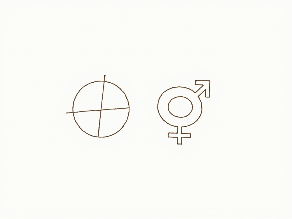 The image features two symbols drawn with clean lines on a plain background. To the left is an alchemy symbol often associated with the sun, depicted as a circle with a cross inside. To the right is a symbol representing masculinity or the male gender, consisting of a circle with an arrow pointing outward and to the right.