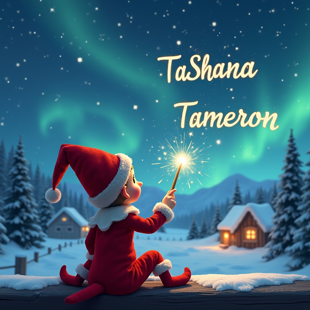 A whimsical scene features an elf dressed in a red outfit with a pointed hat, sitting on a wooden ledge. The elf gazes up at a magical sky filled with shimmering stars and Northern Lights. Holding a sparkling wand, the elf elegantly writes the names 'TaShana,' 'Tre,' and 'Tameron' in the air. The background reveals charming little houses and evergreen trees blanketed in snow. This enchanting depiction captures the spirit of childhood magic and Christmas cheer, inviting viewers into a festive wonderland.