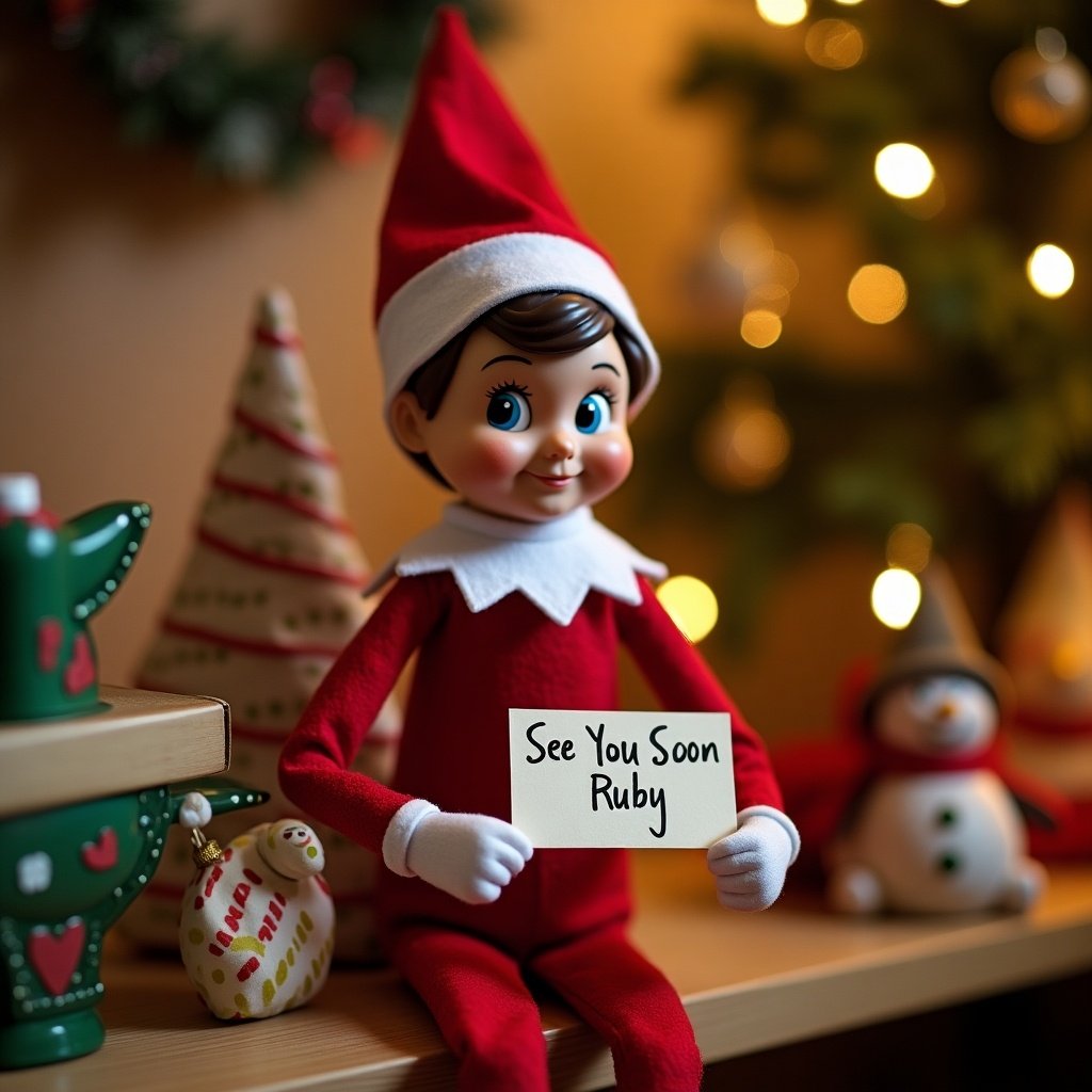 The image features a cheerful elf on the shelf sitting on a wooden surface. The elf is wearing a bright red outfit with a white collar, holding a sign that says 'See You Soon Ruby'. In the background, there are cozy Christmas decorations, including a small Christmas tree and colorful ornaments. The warm lights create a festive ambiance, enhancing the holiday spirit. This scene evokes feelings of joy and nostalgia during the holiday season.