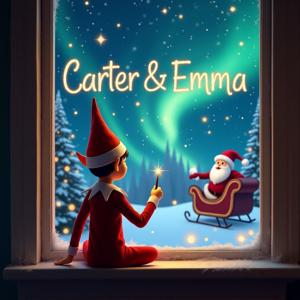 An elf sits on a window ledge. The elf faces a magical Christmas scene with stars and colorful northern lights. Santa Claus is in his sleigh. The elf wears a red outfit and hat. Using a wand to write 'Carter & Emma' in shimmering letters.