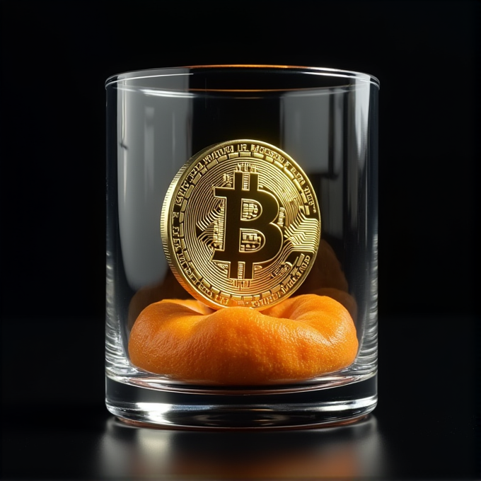 A Bitcoin coin is placed on an orange cushion inside a clear glass.